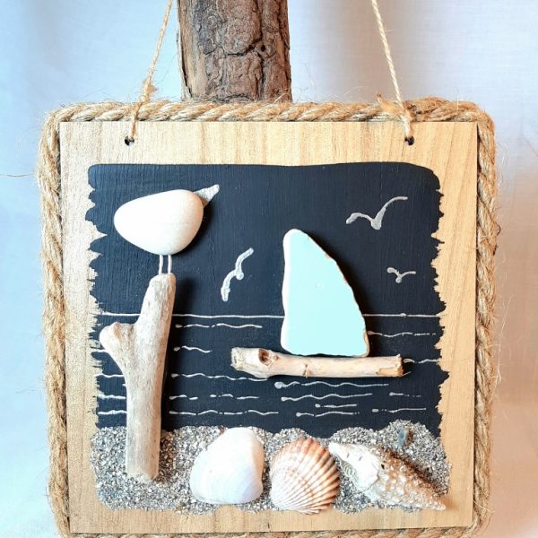 Pebble Art with natural materials on wood - P11