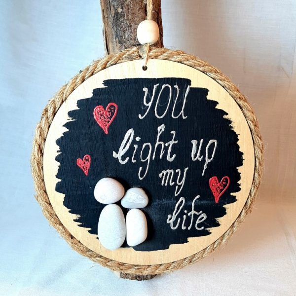 Pebble Art with natural materials on wood - P13