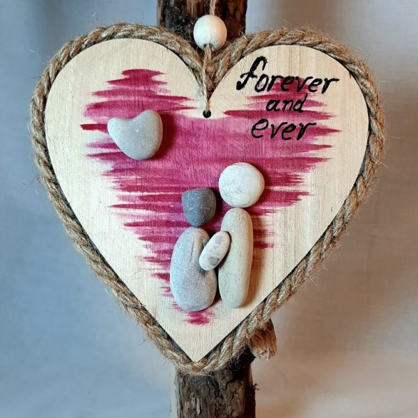 Pebble Art with natural materials on wood - P14