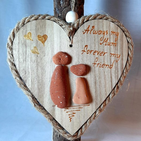 Pebble Art with natural materials on wood - P15