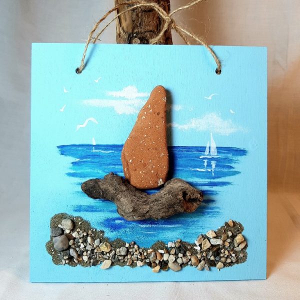 Pebble Art with natural materials on wood - P6